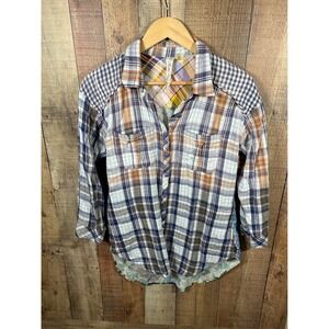 Aratta Silent Journey Mixed Media Patchwork Floral Plaid Shirt Medium Eclectic